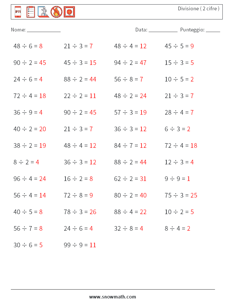(50) Divisione ( 2 cifre ) Fogli di lavoro di matematica 5 Domanda, Risposta