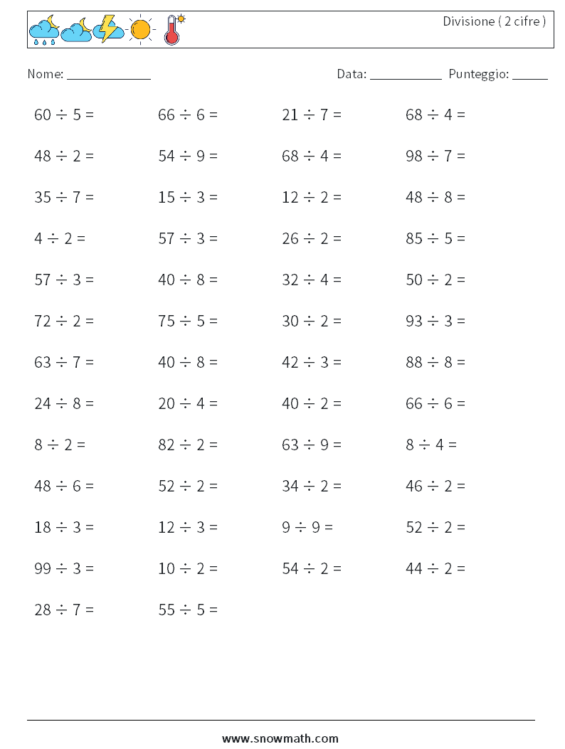 (50) Divisione ( 2 cifre ) Fogli di lavoro di matematica 6