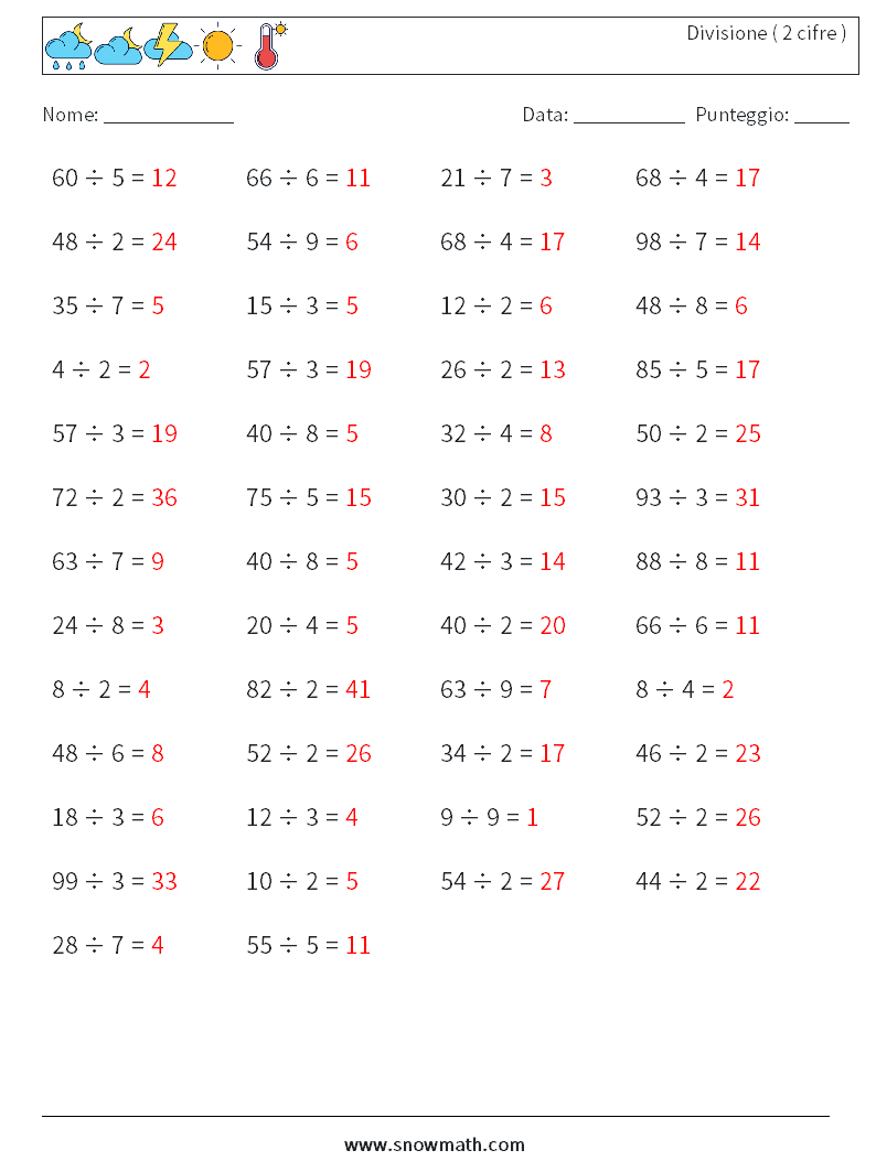 (50) Divisione ( 2 cifre ) Fogli di lavoro di matematica 6 Domanda, Risposta
