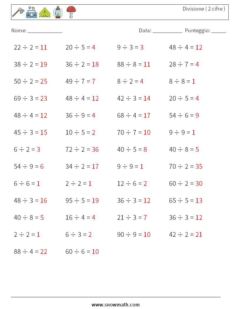 (50) Divisione ( 2 cifre ) Fogli di lavoro di matematica 7 Domanda, Risposta