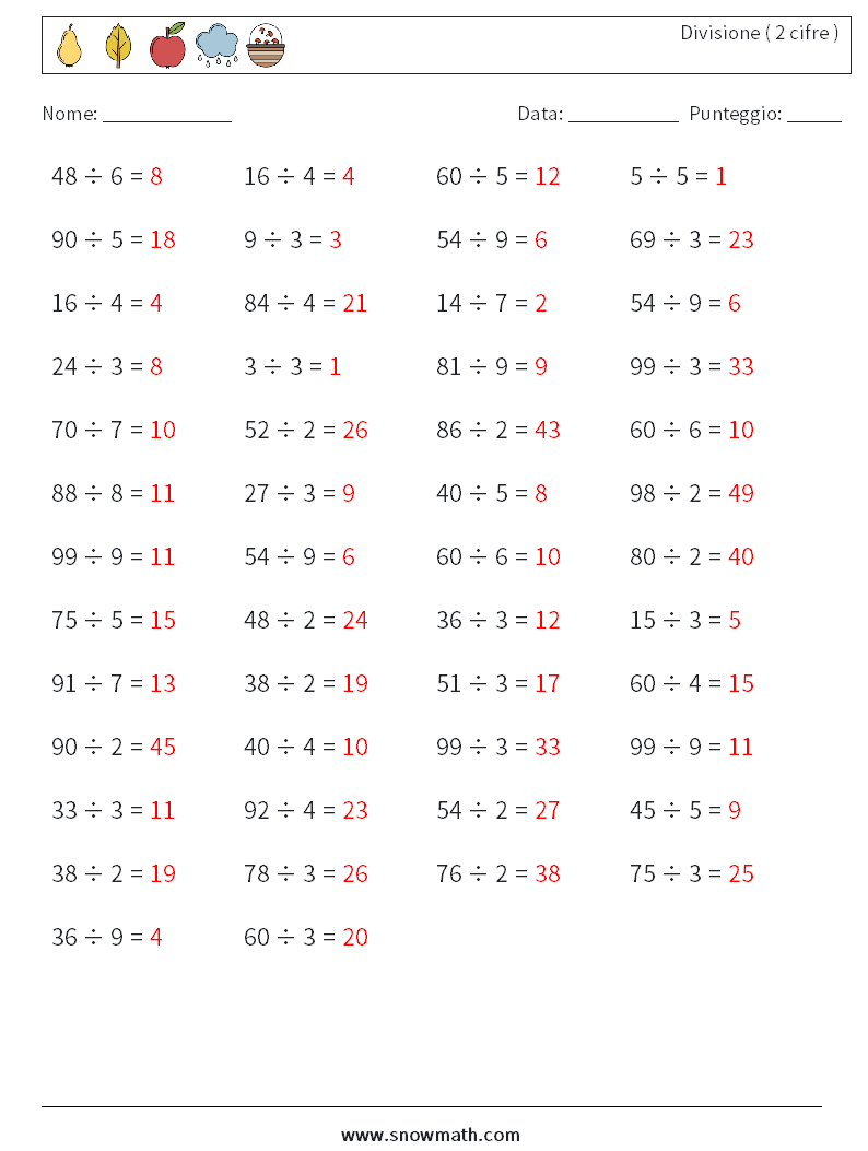(50) Divisione ( 2 cifre ) Fogli di lavoro di matematica 8 Domanda, Risposta