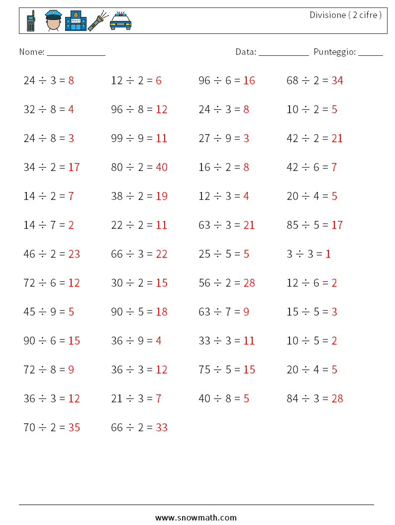 (50) Divisione ( 2 cifre ) Fogli di lavoro di matematica 9 Domanda, Risposta