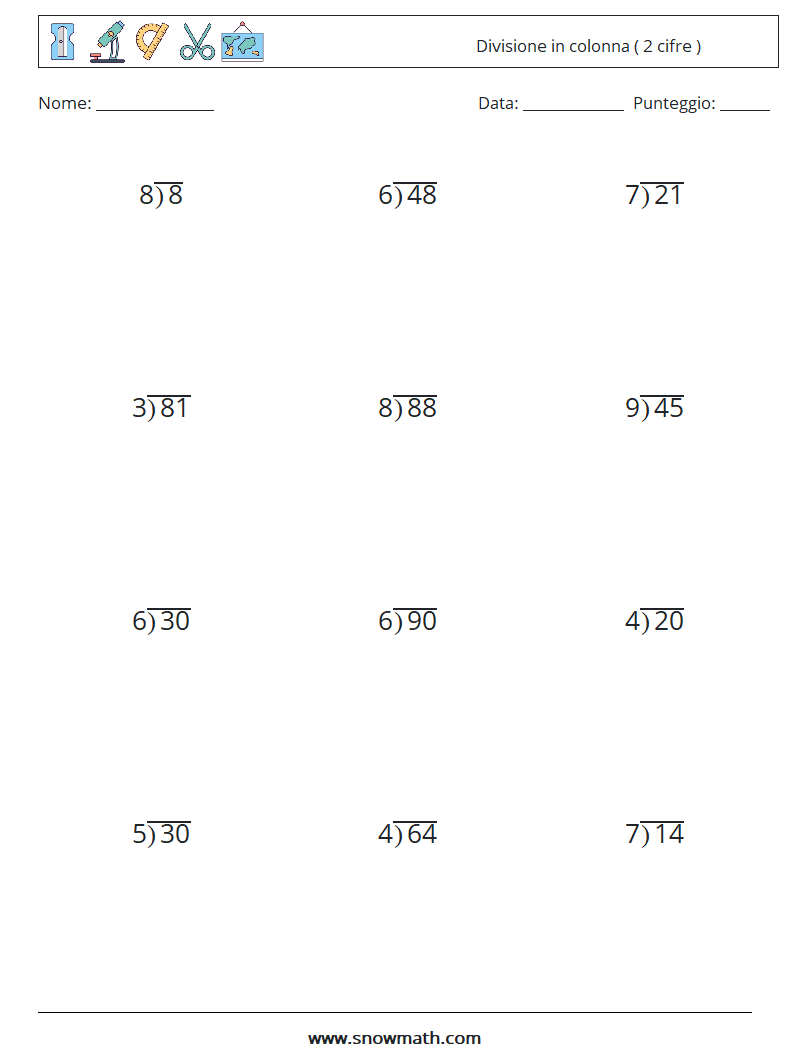 (12) Divisione in colonna ( 2 cifre ) Fogli di lavoro di matematica 10