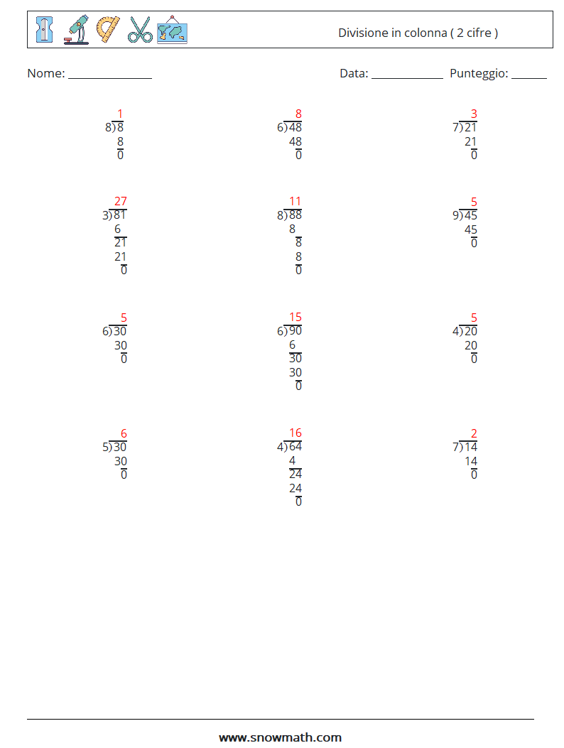 (12) Divisione in colonna ( 2 cifre ) Fogli di lavoro di matematica 10 Domanda, Risposta