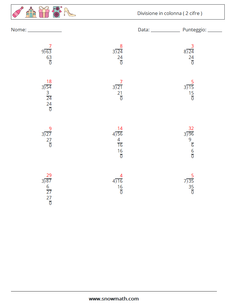 (12) Divisione in colonna ( 2 cifre ) Fogli di lavoro di matematica 11 Domanda, Risposta