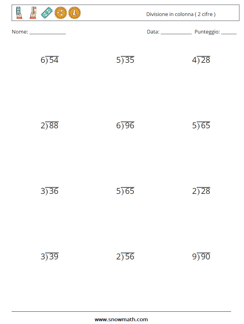 (12) Divisione in colonna ( 2 cifre ) Fogli di lavoro di matematica 12