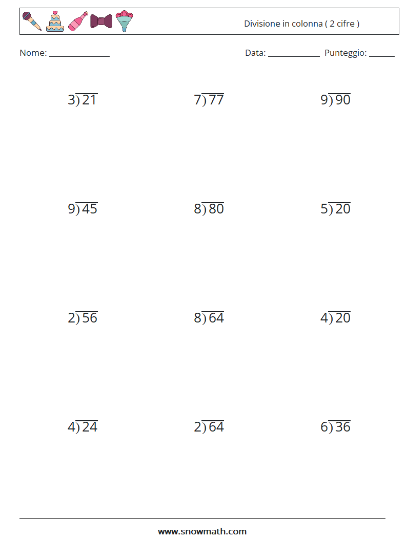 (12) Divisione in colonna ( 2 cifre ) Fogli di lavoro di matematica 13