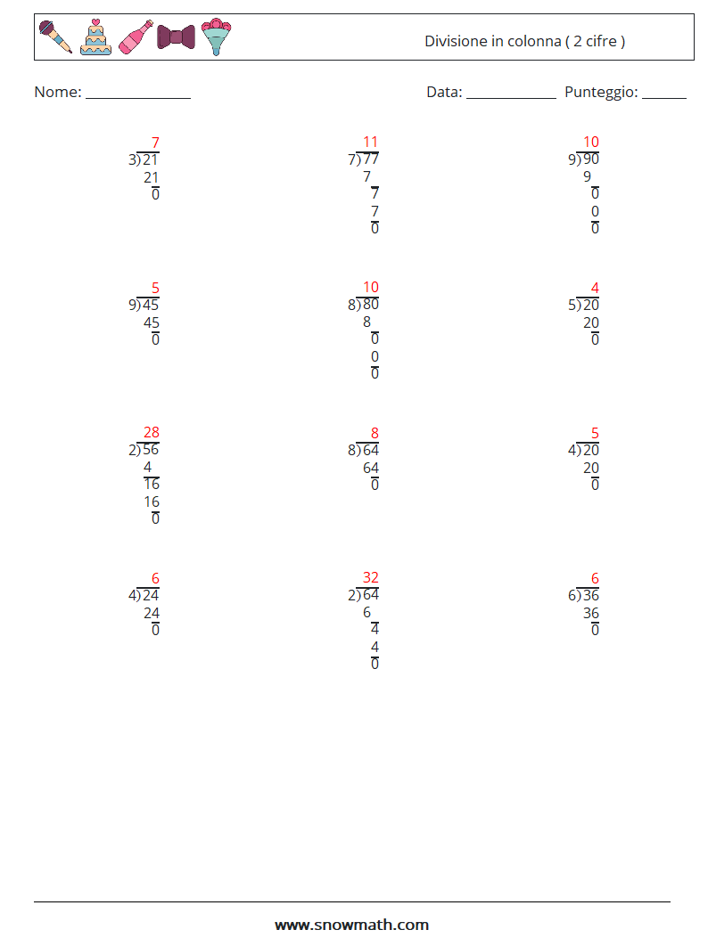(12) Divisione in colonna ( 2 cifre ) Fogli di lavoro di matematica 13 Domanda, Risposta