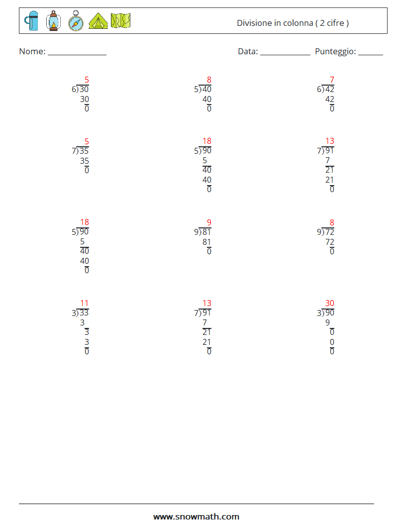 (12) Divisione in colonna ( 2 cifre ) Fogli di lavoro di matematica 14 Domanda, Risposta