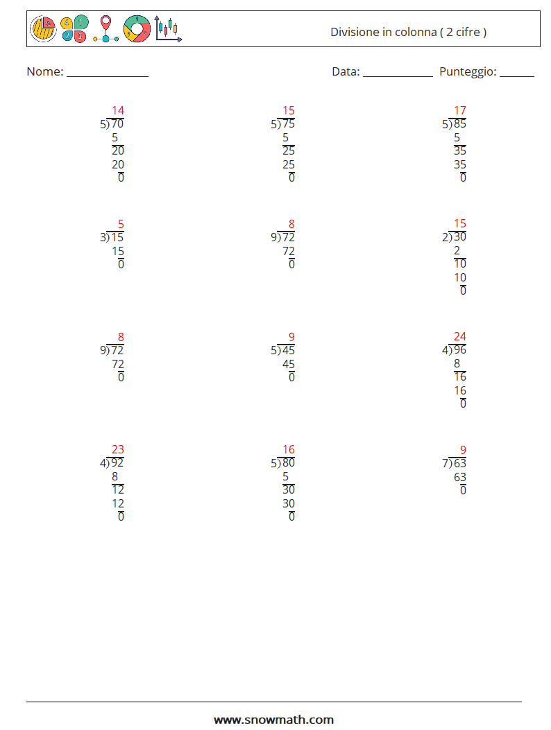 (12) Divisione in colonna ( 2 cifre ) Fogli di lavoro di matematica 15 Domanda, Risposta