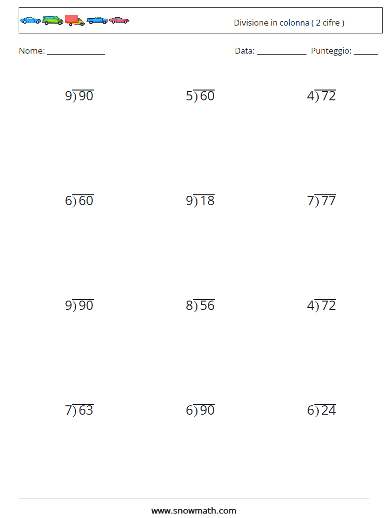 (12) Divisione in colonna ( 2 cifre ) Fogli di lavoro di matematica 16