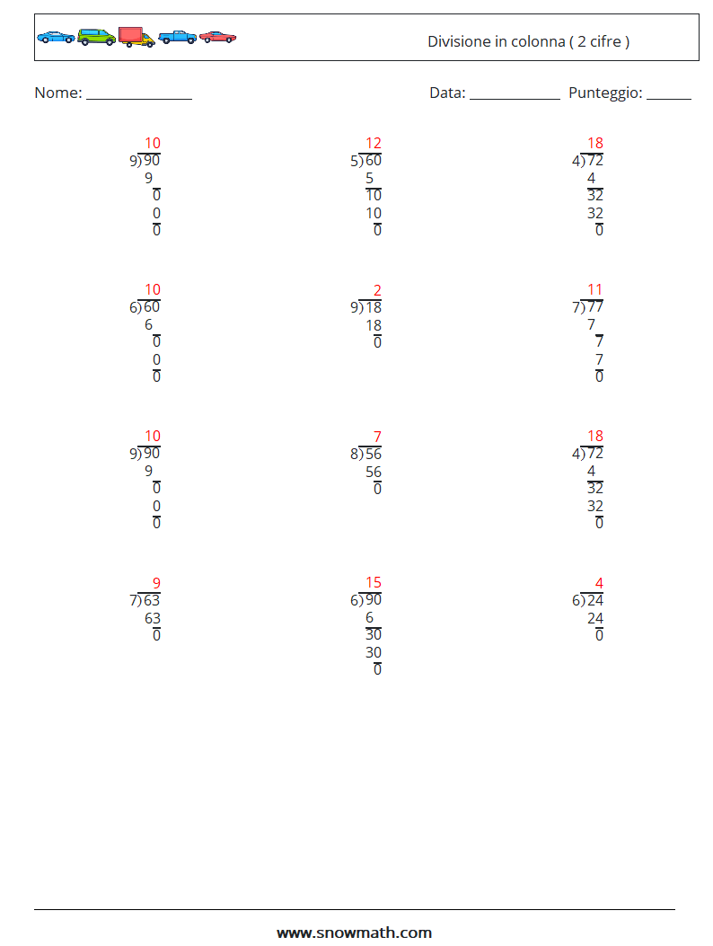 (12) Divisione in colonna ( 2 cifre ) Fogli di lavoro di matematica 16 Domanda, Risposta