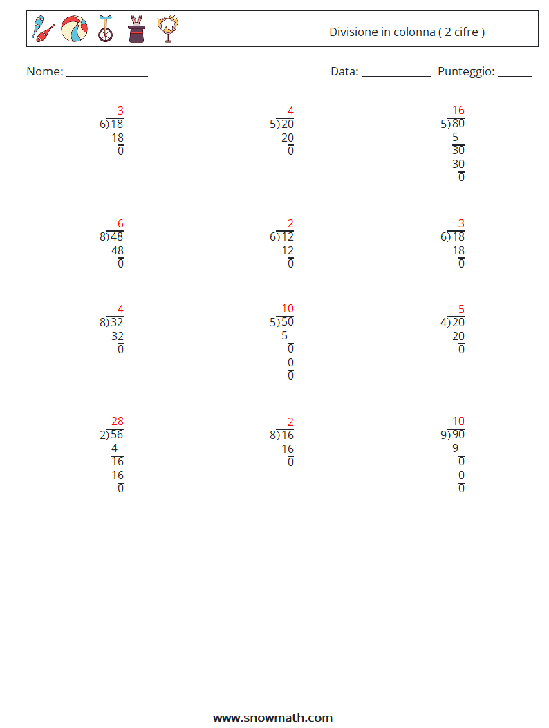 (12) Divisione in colonna ( 2 cifre ) Fogli di lavoro di matematica 17 Domanda, Risposta