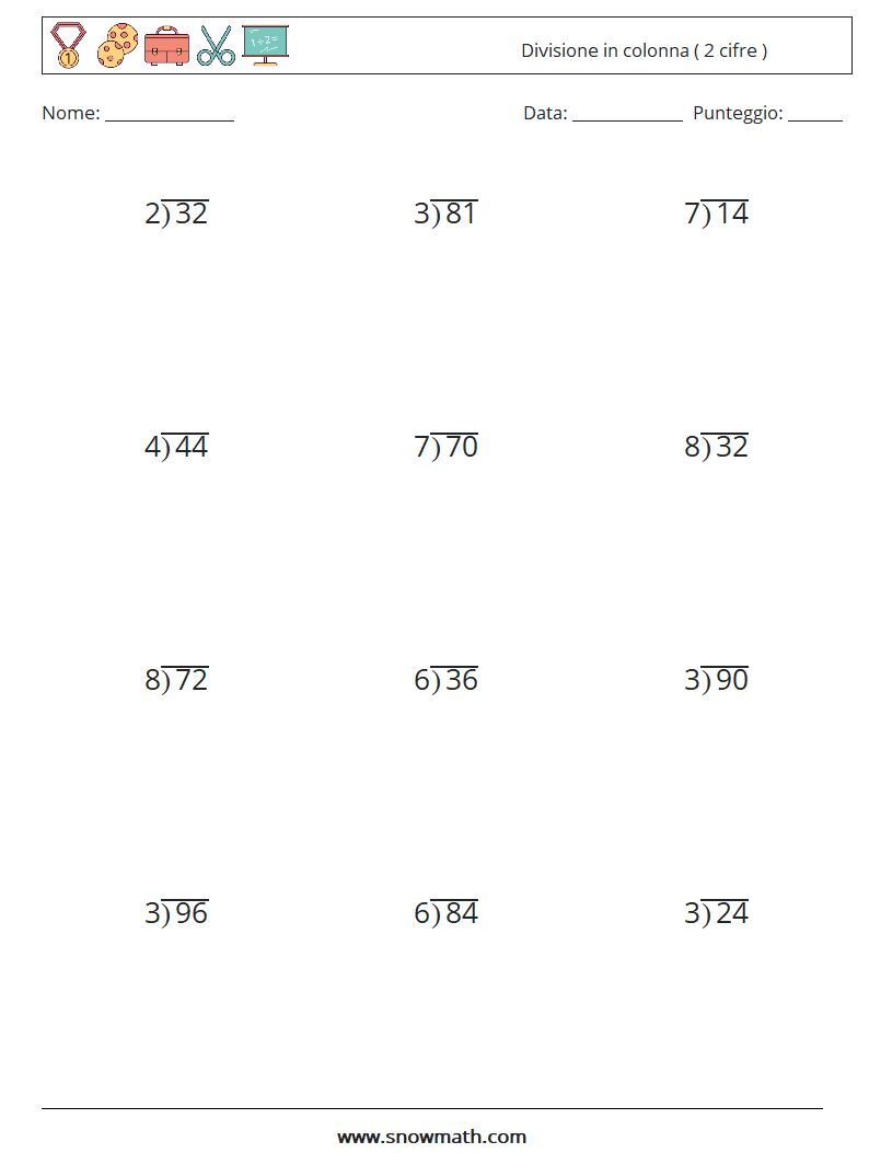 (12) Divisione in colonna ( 2 cifre ) Fogli di lavoro di matematica 18