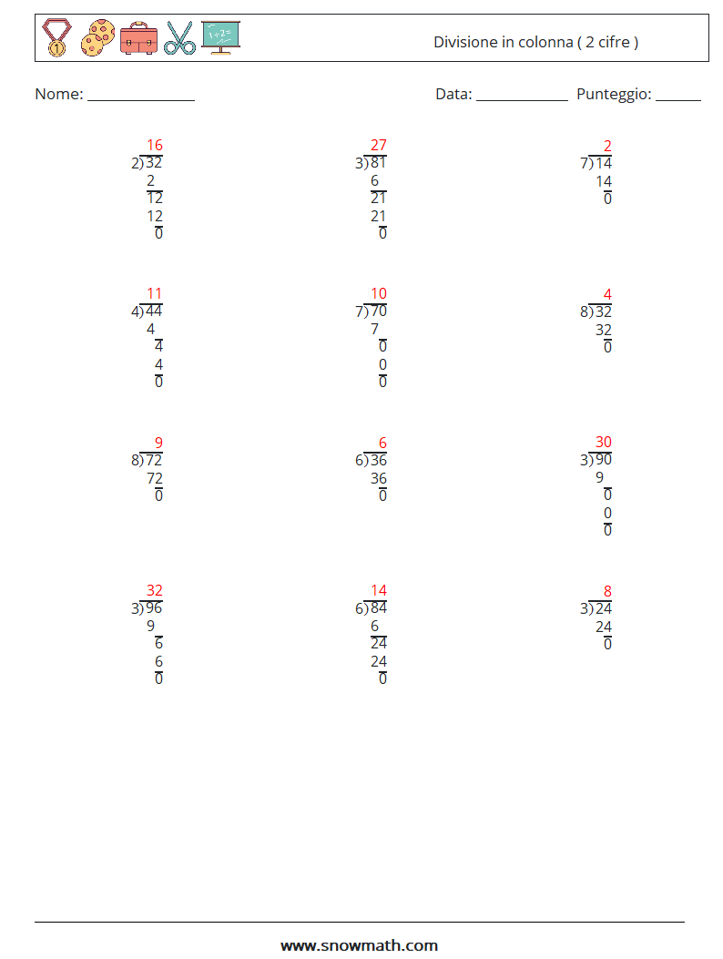 (12) Divisione in colonna ( 2 cifre ) Fogli di lavoro di matematica 18 Domanda, Risposta