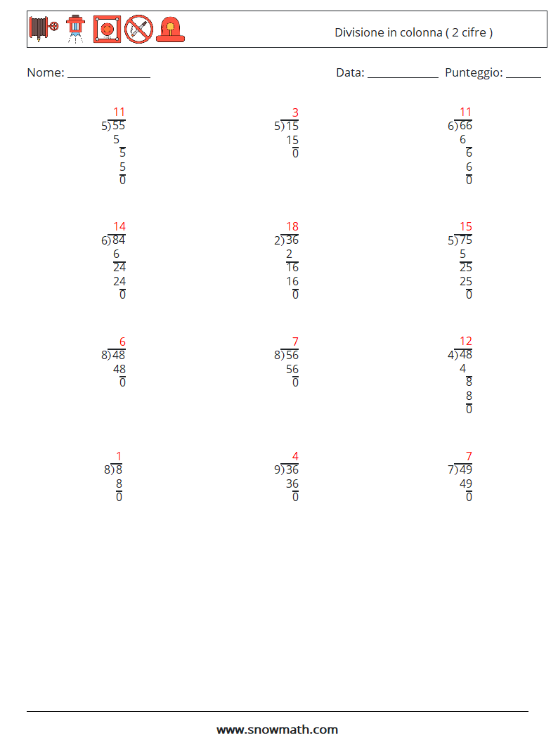 (12) Divisione in colonna ( 2 cifre ) Fogli di lavoro di matematica 1 Domanda, Risposta
