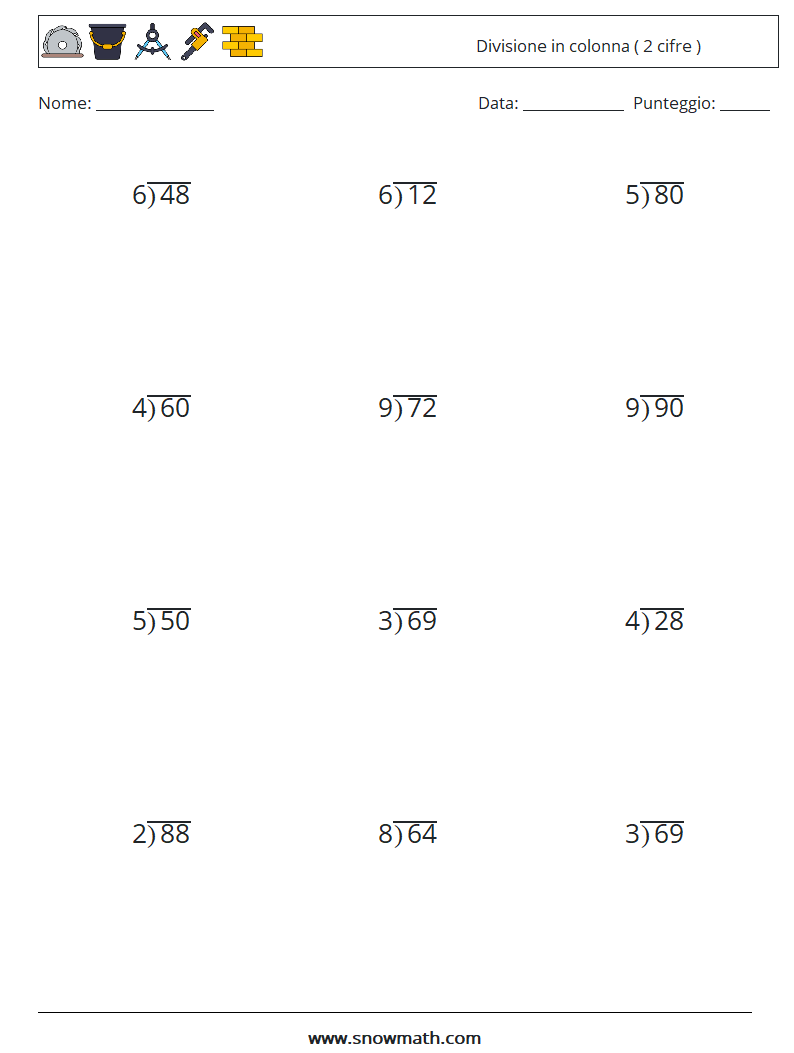 (12) Divisione in colonna ( 2 cifre ) Fogli di lavoro di matematica 3