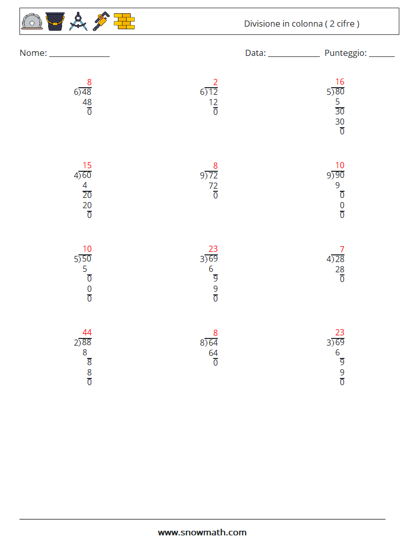 (12) Divisione in colonna ( 2 cifre ) Fogli di lavoro di matematica 3 Domanda, Risposta