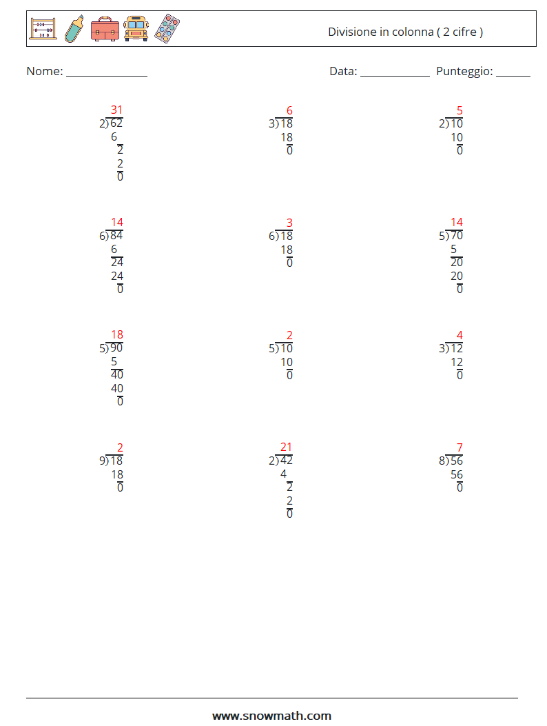 (12) Divisione in colonna ( 2 cifre ) Fogli di lavoro di matematica 4 Domanda, Risposta