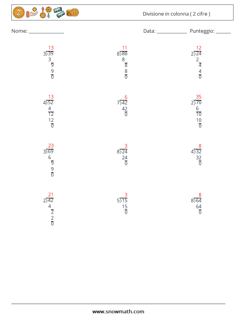 (12) Divisione in colonna ( 2 cifre ) Fogli di lavoro di matematica 5 Domanda, Risposta