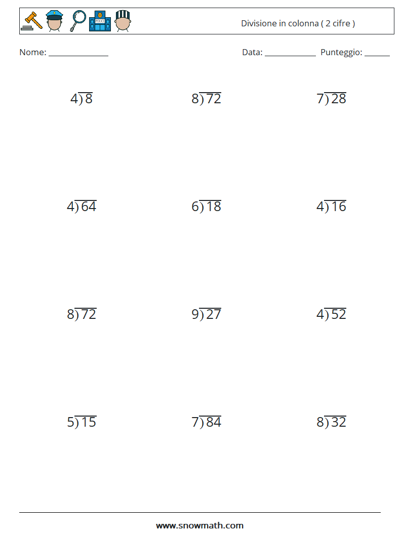 (12) Divisione in colonna ( 2 cifre ) Fogli di lavoro di matematica 6