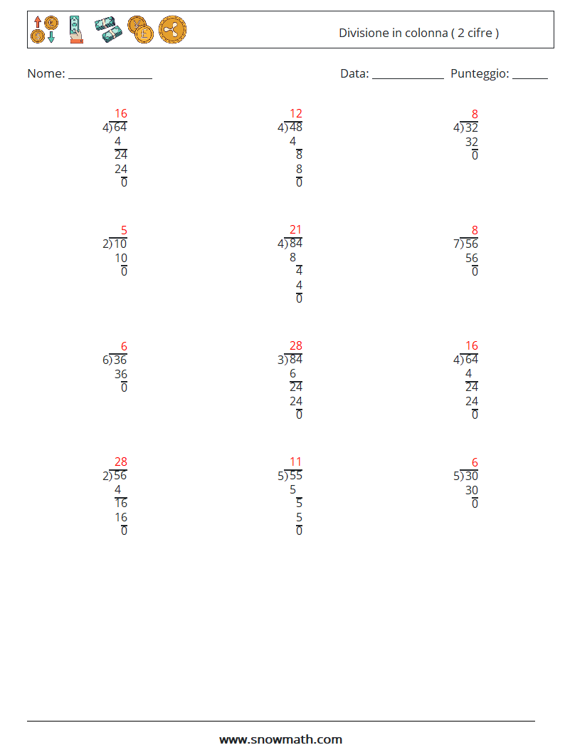 (12) Divisione in colonna ( 2 cifre ) Fogli di lavoro di matematica 7 Domanda, Risposta
