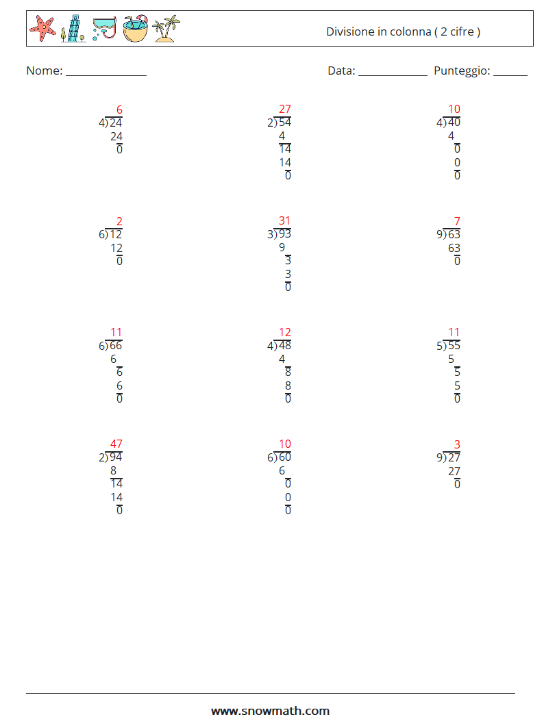 (12) Divisione in colonna ( 2 cifre ) Fogli di lavoro di matematica 9 Domanda, Risposta
