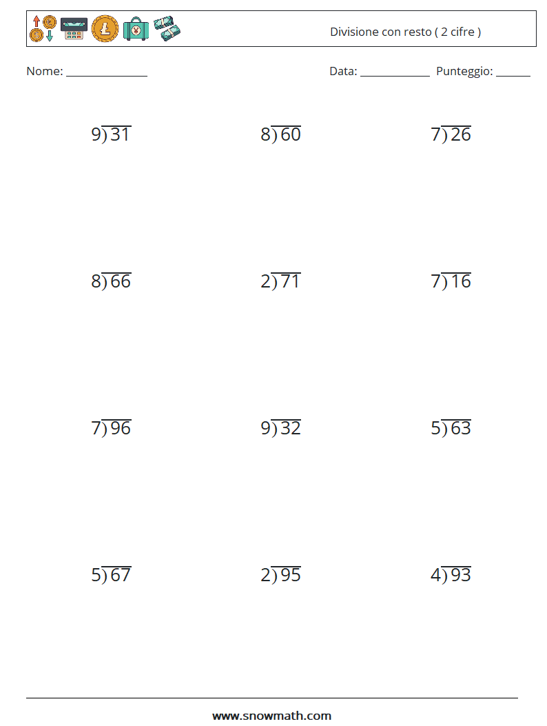 (12) Divisione con resto ( 2 cifre ) Fogli di lavoro di matematica 10