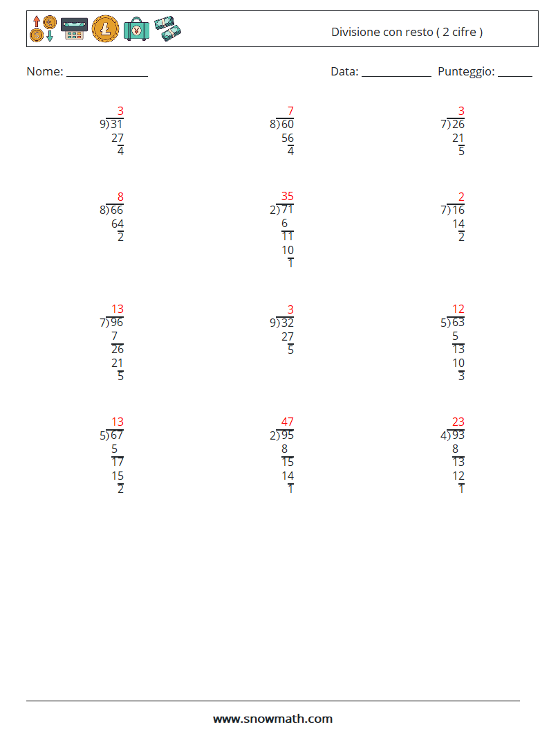 (12) Divisione con resto ( 2 cifre ) Fogli di lavoro di matematica 10 Domanda, Risposta