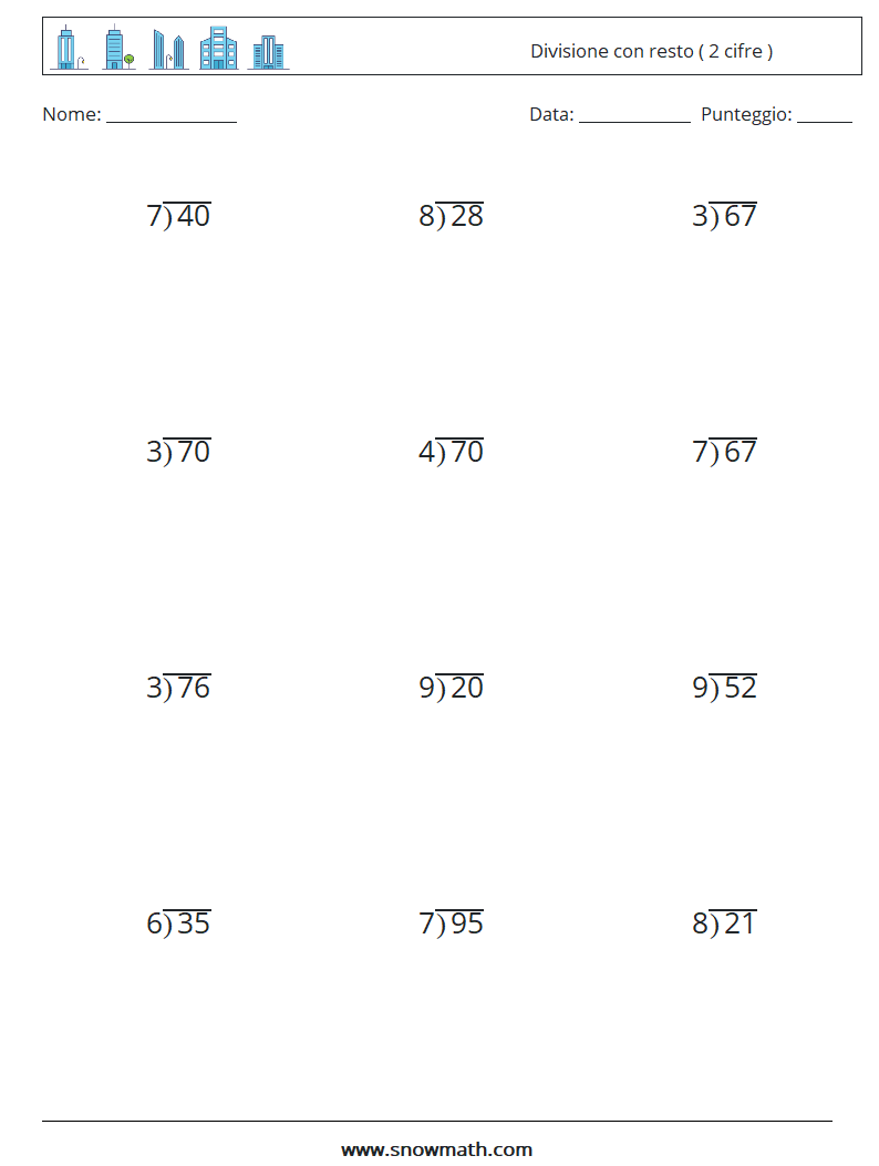 (12) Divisione con resto ( 2 cifre ) Fogli di lavoro di matematica 11