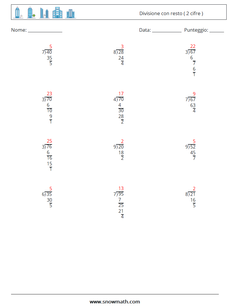 (12) Divisione con resto ( 2 cifre ) Fogli di lavoro di matematica 11 Domanda, Risposta