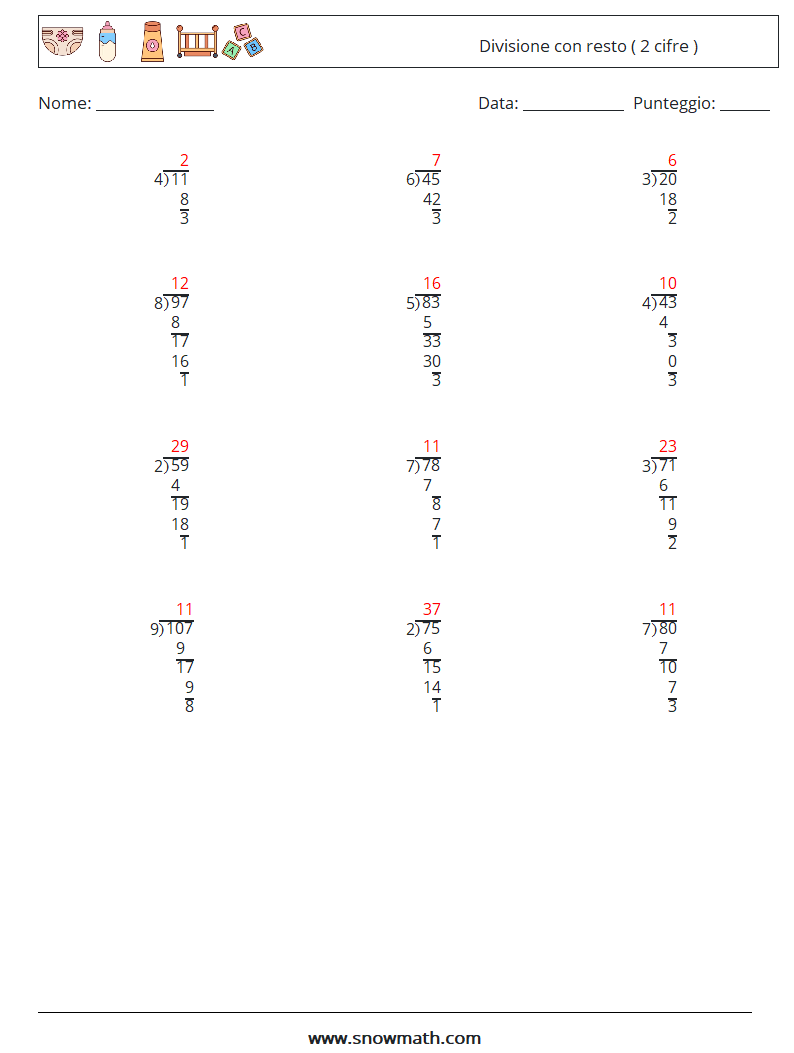 (12) Divisione con resto ( 2 cifre ) Fogli di lavoro di matematica 12 Domanda, Risposta