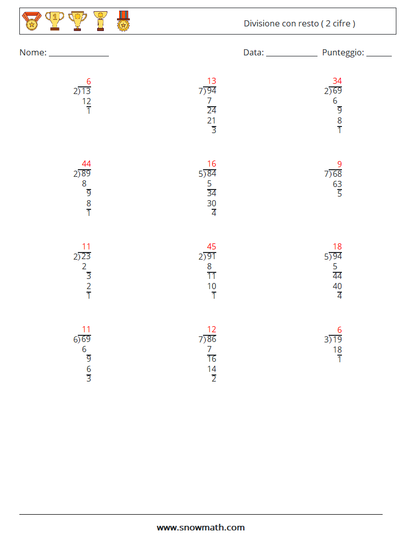 (12) Divisione con resto ( 2 cifre ) Fogli di lavoro di matematica 13 Domanda, Risposta