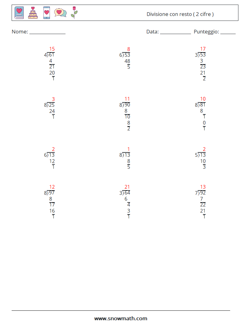 (12) Divisione con resto ( 2 cifre ) Fogli di lavoro di matematica 14 Domanda, Risposta