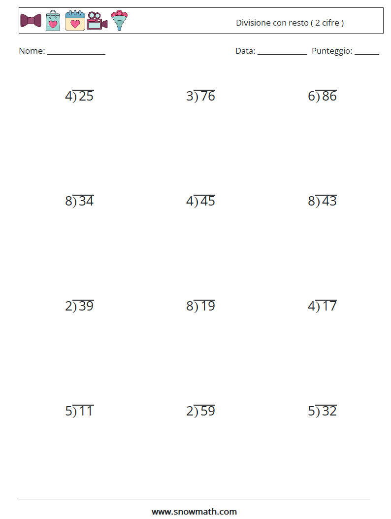 (12) Divisione con resto ( 2 cifre ) Fogli di lavoro di matematica 15