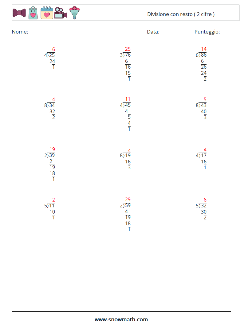 (12) Divisione con resto ( 2 cifre ) Fogli di lavoro di matematica 15 Domanda, Risposta