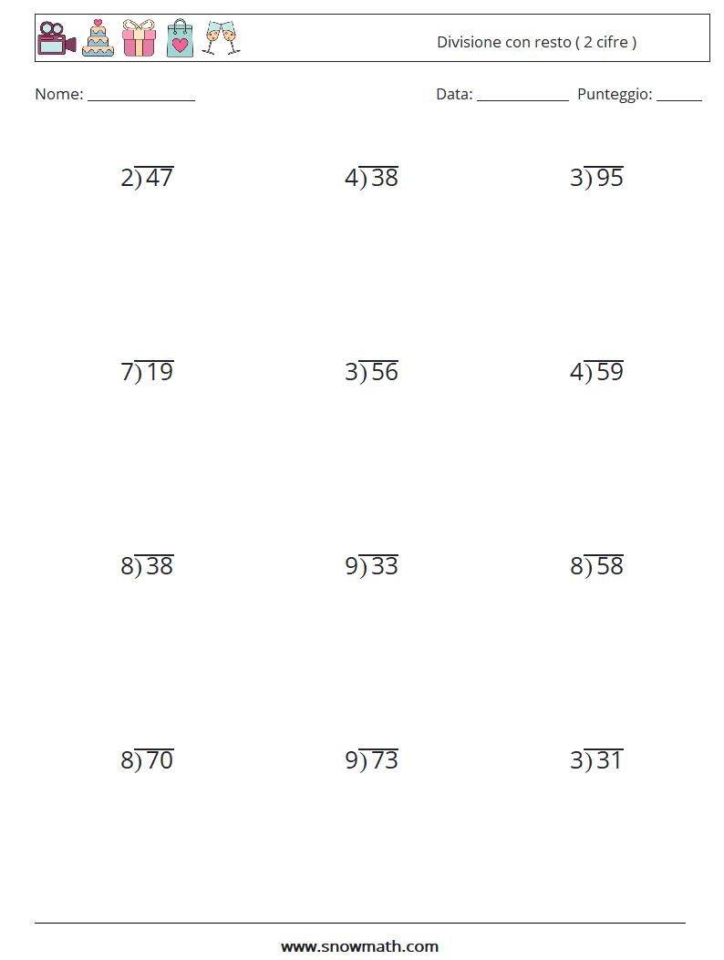 (12) Divisione con resto ( 2 cifre ) Fogli di lavoro di matematica 16