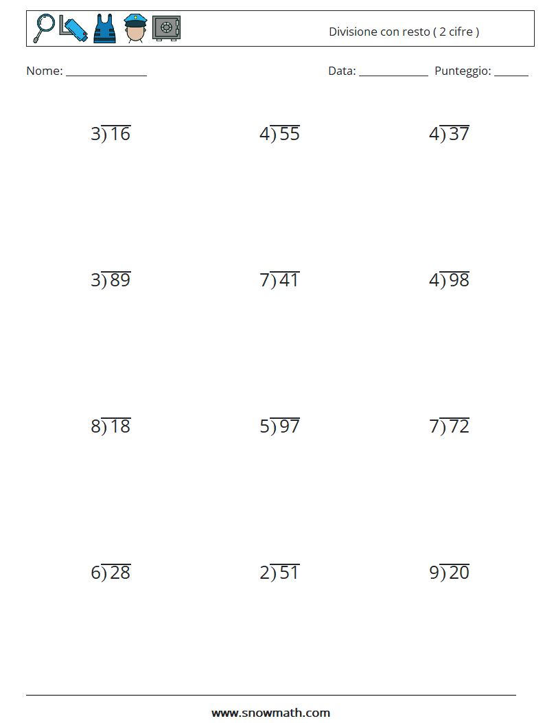 (12) Divisione con resto ( 2 cifre ) Fogli di lavoro di matematica 17