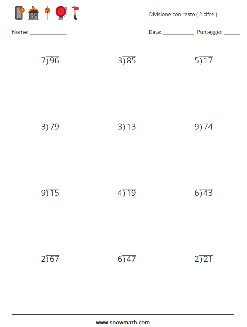 (12) Divisione con resto ( 2 cifre ) Fogli di lavoro di matematica 18