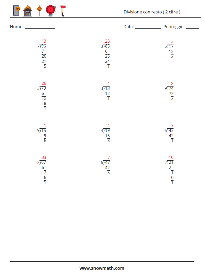 (12) Divisione con resto ( 2 cifre ) Fogli di lavoro di matematica 18 Domanda, Risposta