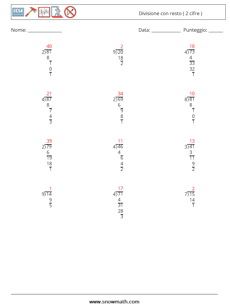 (12) Divisione con resto ( 2 cifre ) Fogli di lavoro di matematica 1 Domanda, Risposta