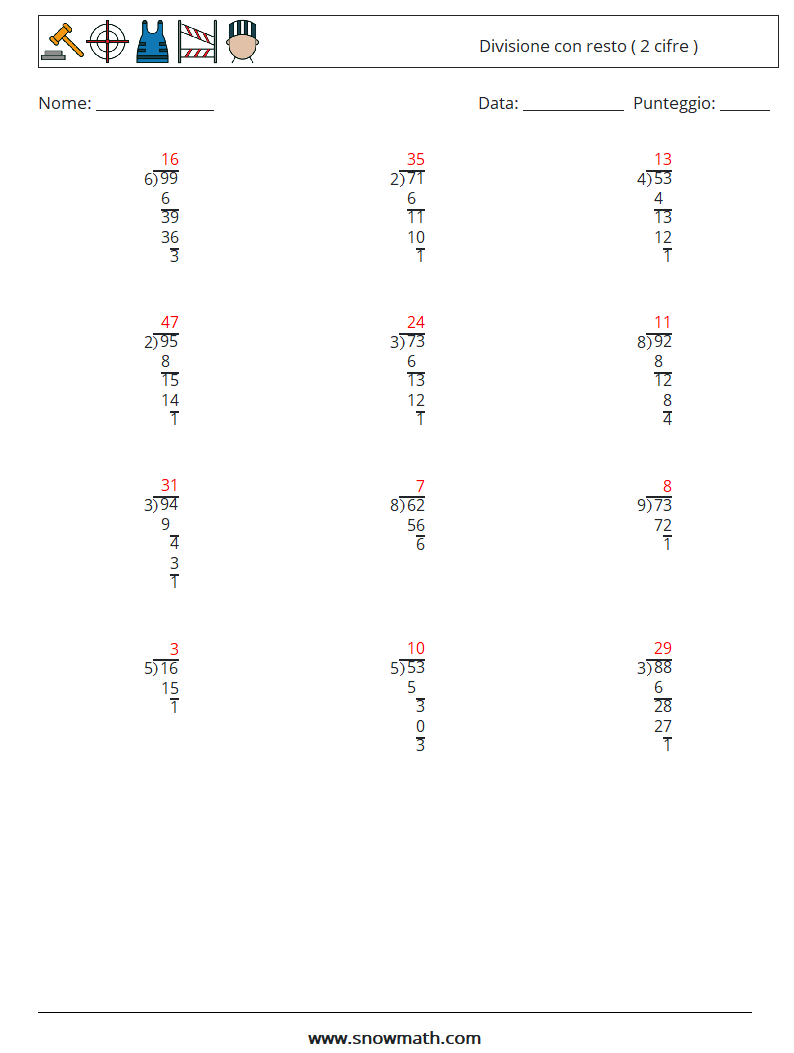 (12) Divisione con resto ( 2 cifre ) Fogli di lavoro di matematica 2 Domanda, Risposta