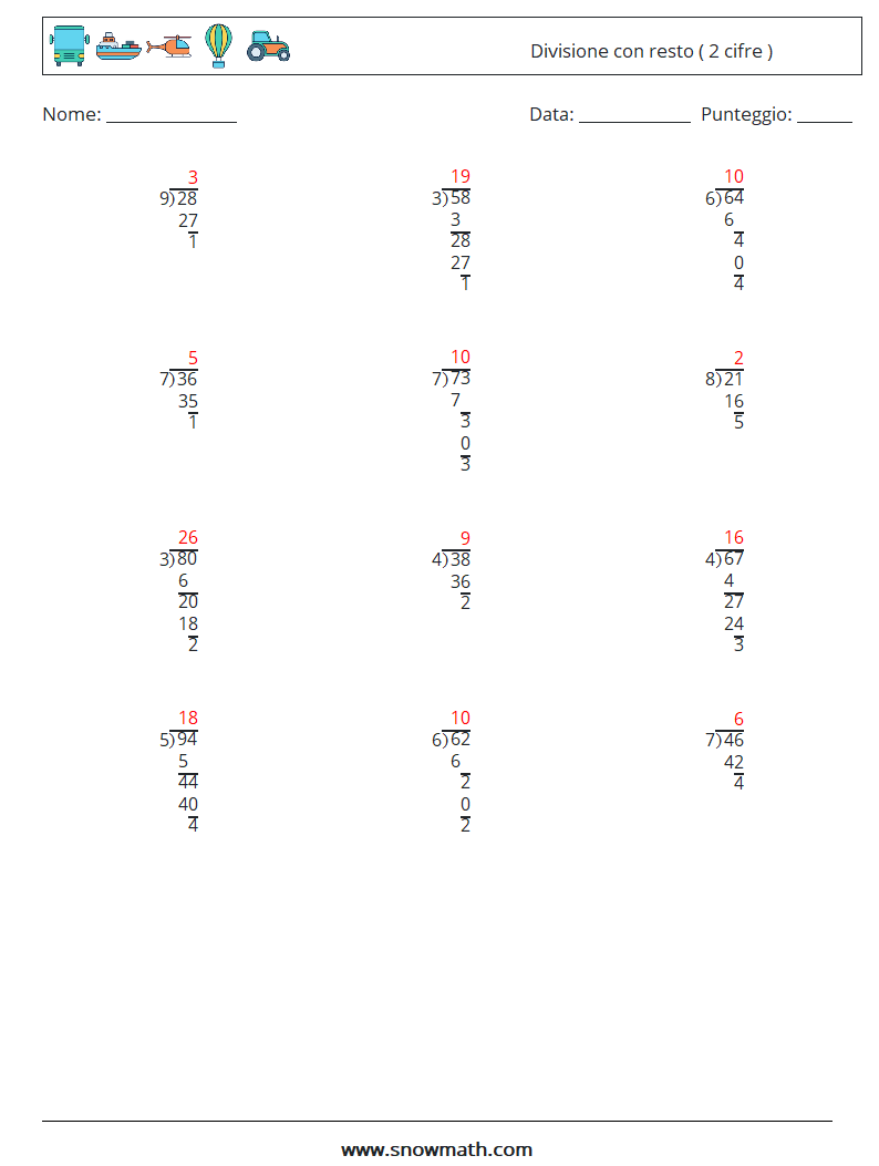 (12) Divisione con resto ( 2 cifre ) Fogli di lavoro di matematica 3 Domanda, Risposta