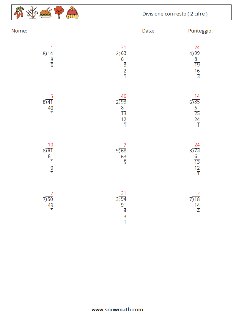 (12) Divisione con resto ( 2 cifre ) Fogli di lavoro di matematica 7 Domanda, Risposta