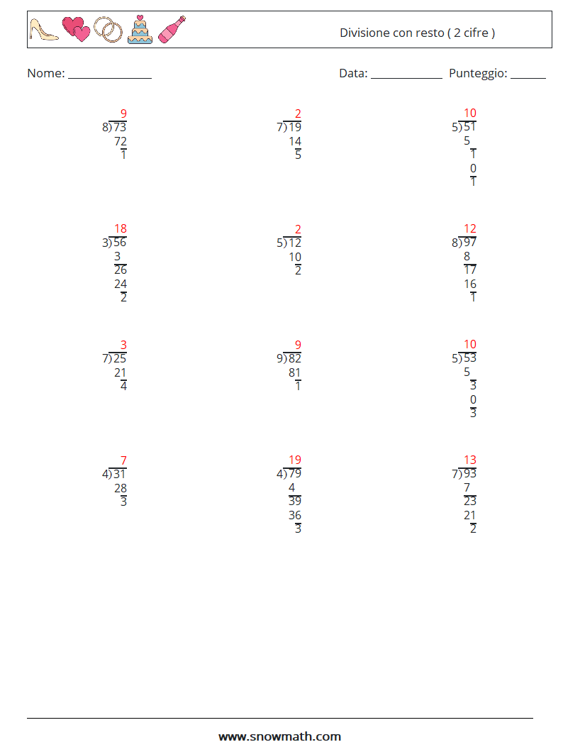 (12) Divisione con resto ( 2 cifre ) Fogli di lavoro di matematica 8 Domanda, Risposta