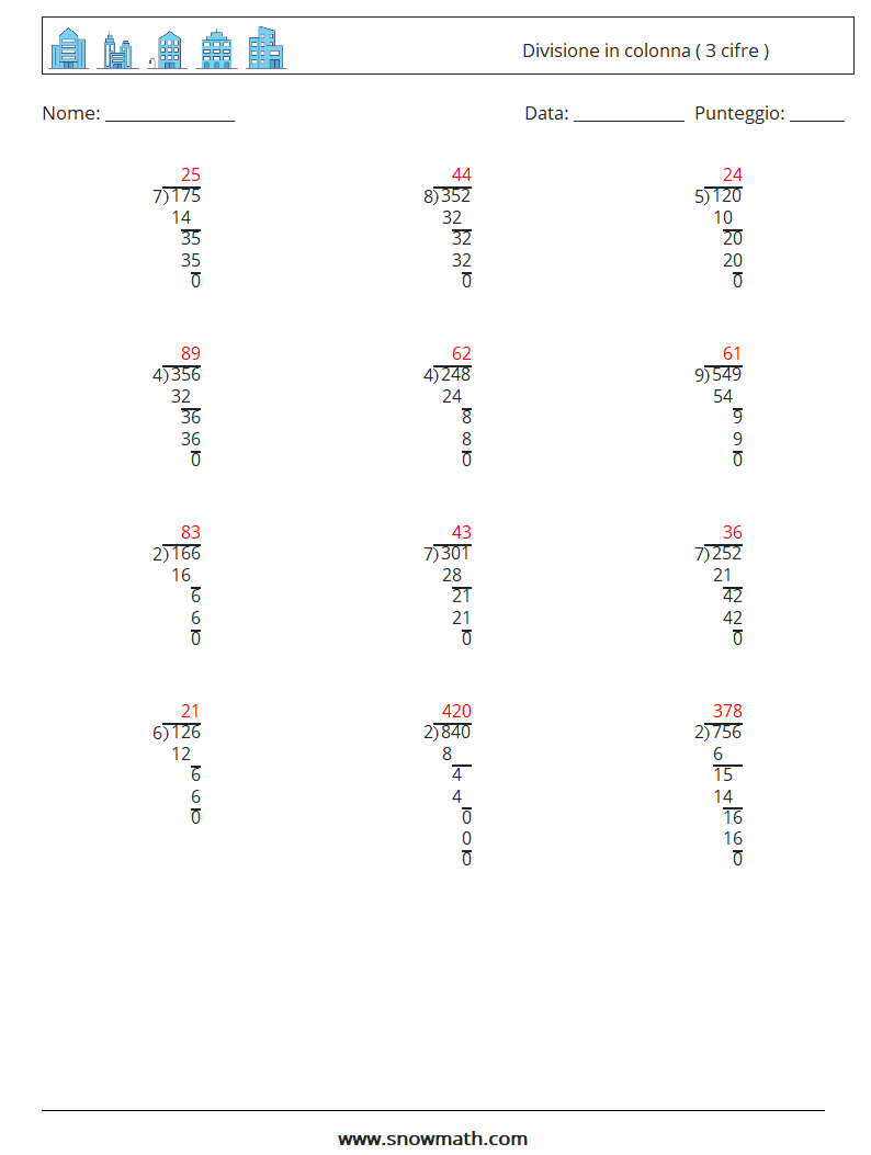 (12) Divisione in colonna ( 3 cifre ) Fogli di lavoro di matematica 10 Domanda, Risposta