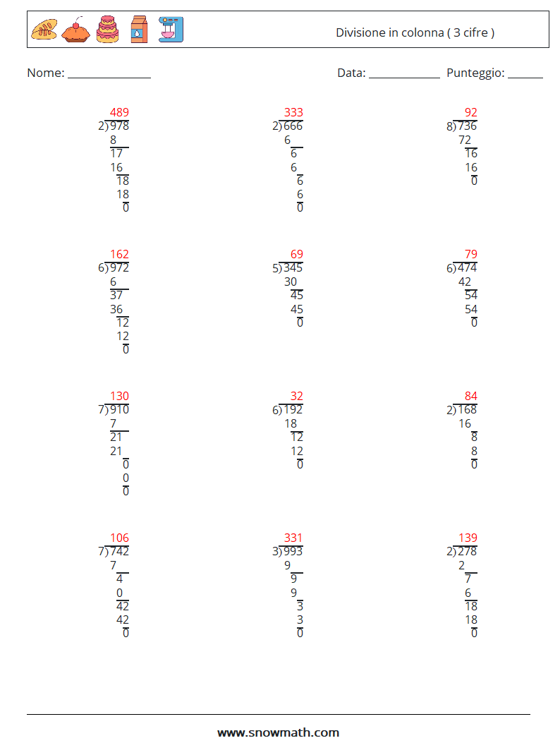(12) Divisione in colonna ( 3 cifre ) Fogli di lavoro di matematica 11 Domanda, Risposta