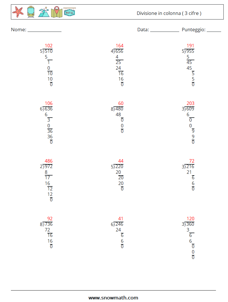 (12) Divisione in colonna ( 3 cifre ) Fogli di lavoro di matematica 14 Domanda, Risposta