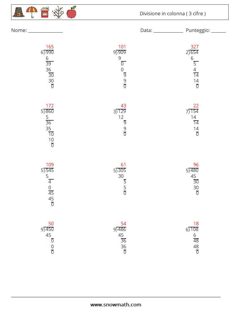 (12) Divisione in colonna ( 3 cifre ) Fogli di lavoro di matematica 15 Domanda, Risposta