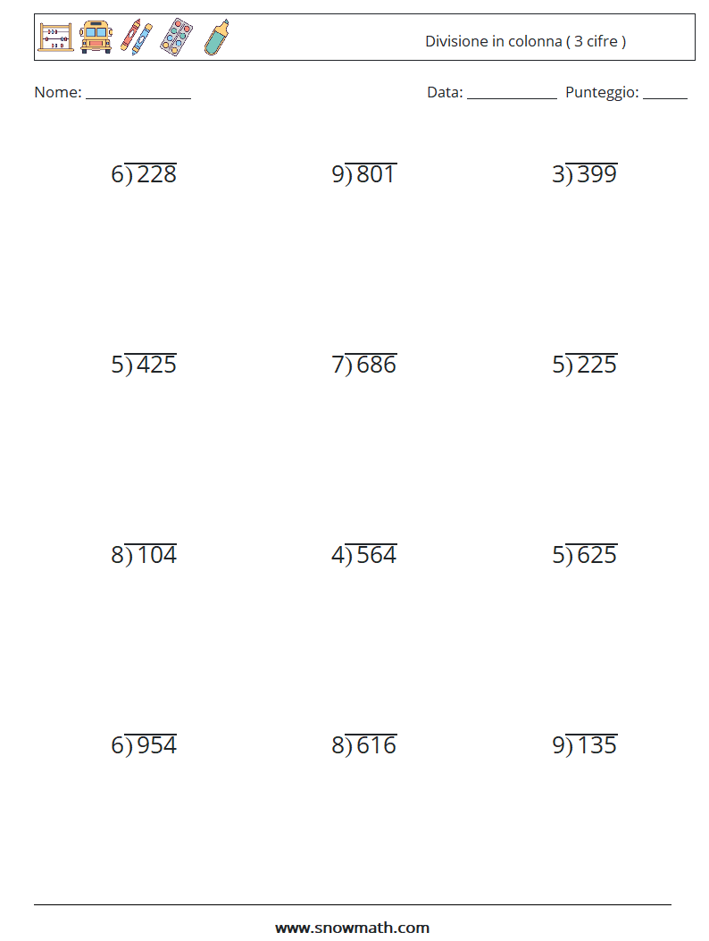 (12) Divisione in colonna ( 3 cifre ) Fogli di lavoro di matematica 16